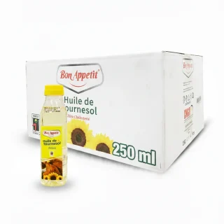Carton de 48 bouteilles d'huile de tournesol Bon Appétit 250ml Kolda exposé sur une table de présentation.