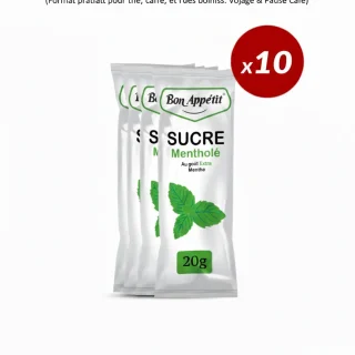 Lot de 10 sticks de sucre mentholé Bon Appétit 20g dans un bocal en verre à côté d'une tasse de thé à la menthe.